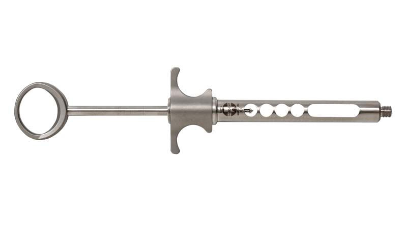 Edelstahl-Injektionsspritze mit kleinem Daumenring für Zahnmedizin.