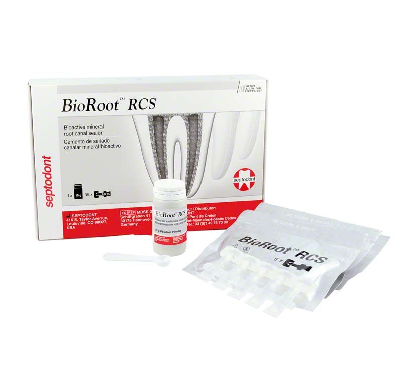 Produktverpackung von BioRoot RCS mit Fläschchen und Beutel.