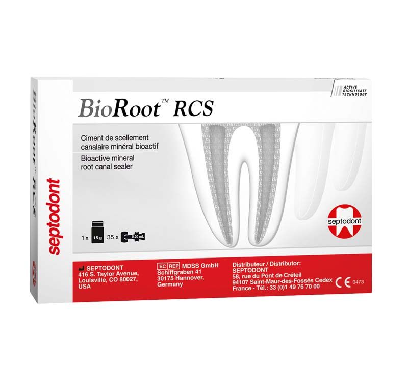 BioRoot RCS Verpackung mit Produktinformationen und septodont Logo.