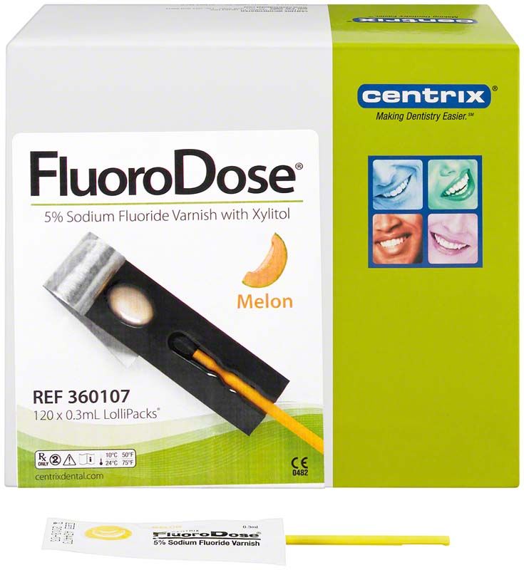 FluoroDose® Melon Natriumfluoridlack Verpackung mit LolliPack-Einwegverpackung.
