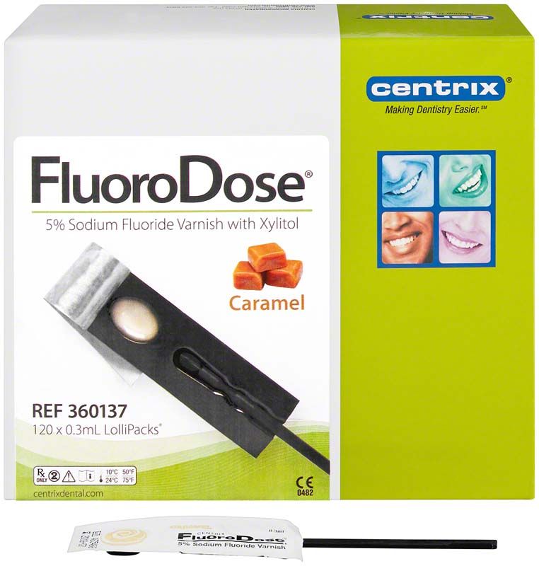 FluoroDose® 120er Caramel Fluoridlack-Packung mit Zahnlack Applikator.