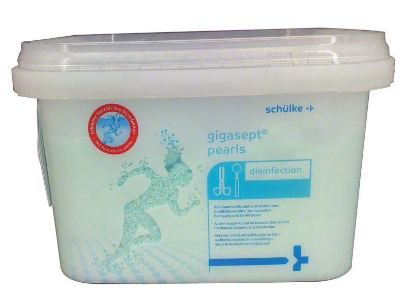 Weißer Kunststoffbehälter mit gigasept® pearls 6 kg zur Desinfektion.