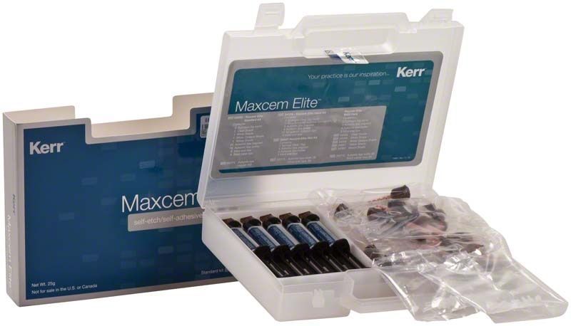 Maxcem Elite™ Standard Kit mit Spritzen und Zubehör in geöffneter Verpackung.