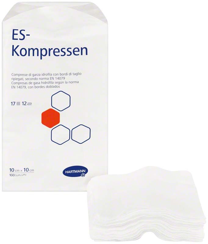 ES-Kompressen unsteril 10 x 10 cm, 12-lagig in weißer Verpackung.