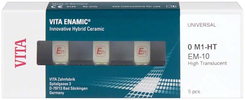 VITA ENAMIC® Universal EM-10 HT 0M1 in Originalverpackung mit drei Keramikblöcken.