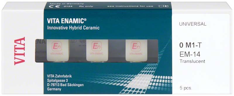 VITA ENAMIC® Hybridkeramikblöcke EM-14 T 0M2 in Verpackung, 5 Stück.