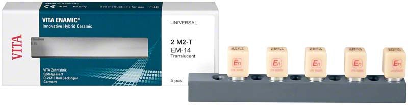 VITA ENAMIC® Universal EM-14 T 2M2 Keramikblöcke in Verpackung und Halter.
