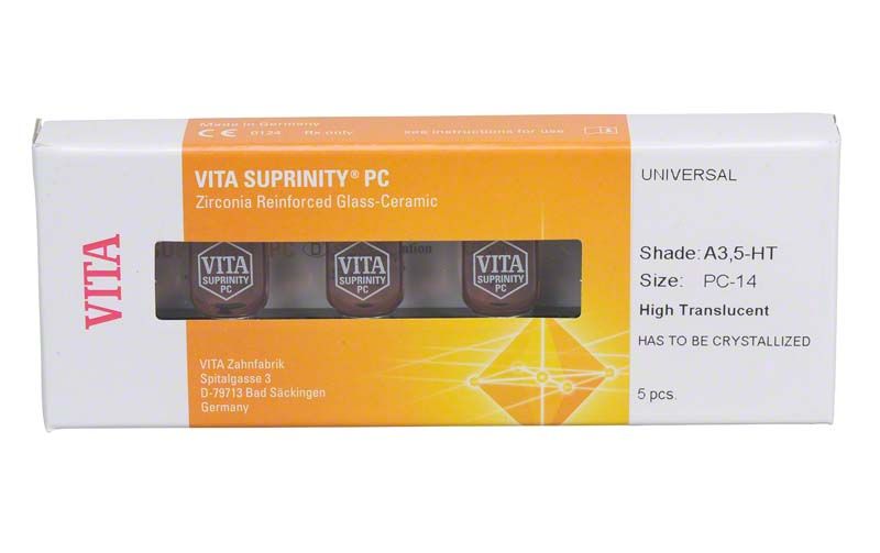Verpackung der VITA SUPRINITY® PC UNIVERSAL HT A3,5 mit fünf Glaskeramikblöcken.
