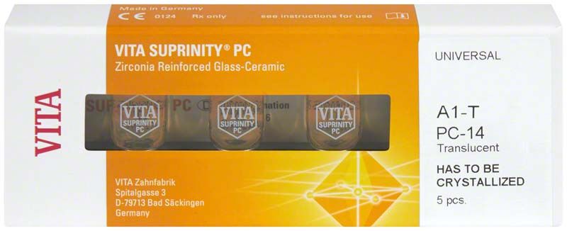 VITA SUPRINITY® PC Universal T A1, Zirkonverstärktes Glaskeramik-Material in Verpackung.