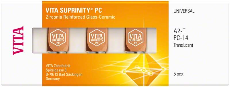 VITA SUPRINITY® PC UNIVERSAL T A2 Zahnkeramik in Verpackung mit Logo und Beschriftung.