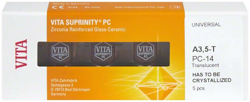 VITA SUPRINITY® PC Universal T A3,5, Verpackung mit fünf Zirkonoxid-Glaskeramik-Blöcken.