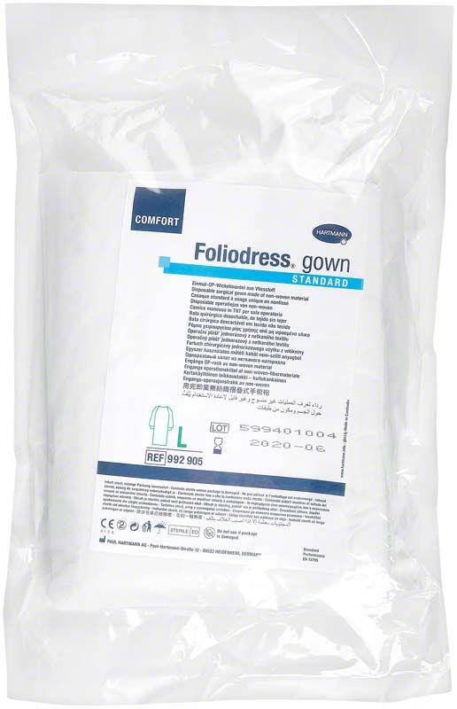 Verpackung des Foliodress Gown Comfort Standard Gr. L OP-Wickelmantels.