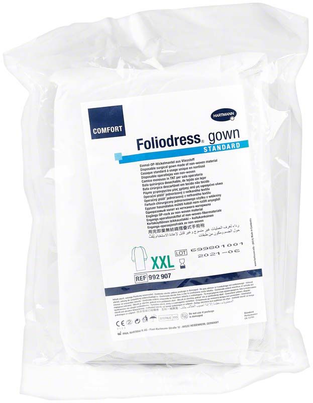 Verpackung eines Foliodress Gown Comfort Standard Gr. XXL mit Etikettendetails.