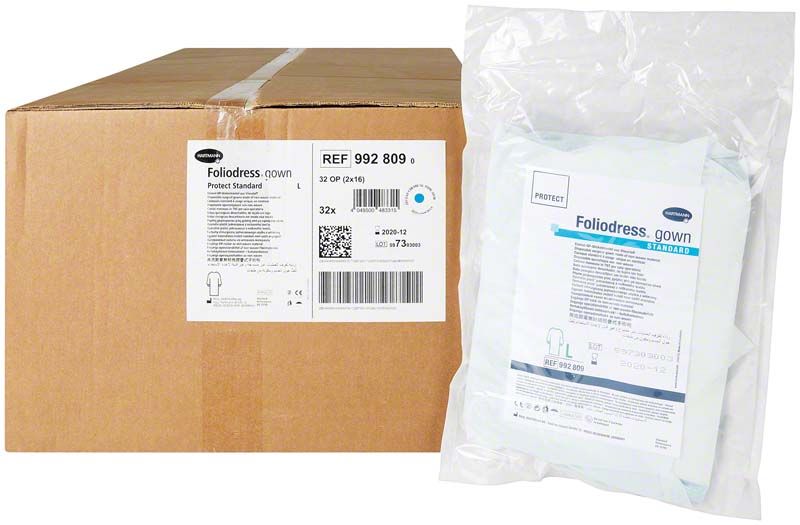 Verpackung des Foliodress® gown Protect Standard Gr. L 125cm mit Etikett.