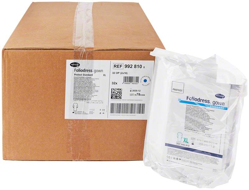 Karton mit Foliodress® OP-Kittel Protect Standard Gr. XL Verpackung.