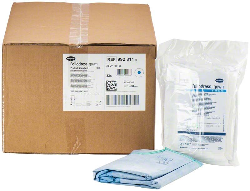 Hochwertiger Einmal-OP-Wickelmantel Foliodress® XXL mit Verpackung.