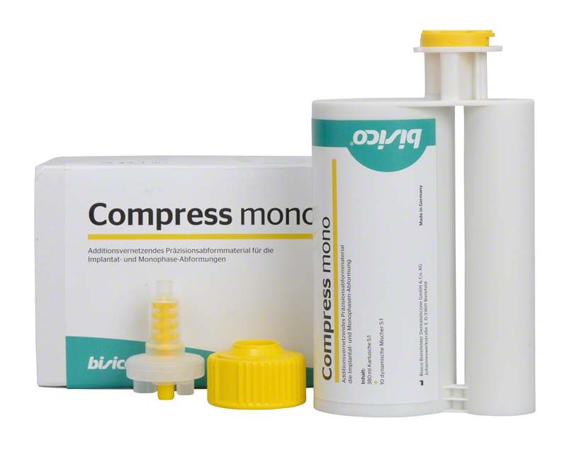 Hochwertiges A-Silikon Abformmaterial Compress mono mit Verpackung und Zubehör.