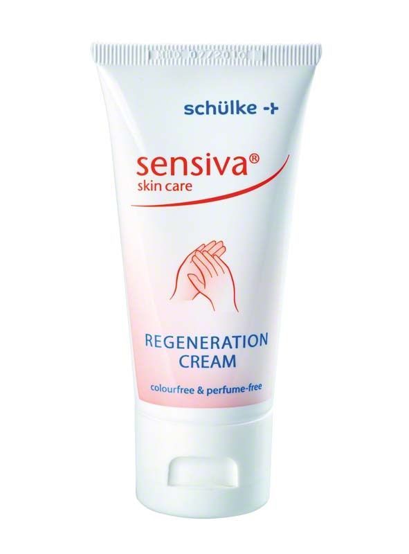 Sensiva Regenerationscreme-Tube mit Handpflegesymbol und Markenlogo.