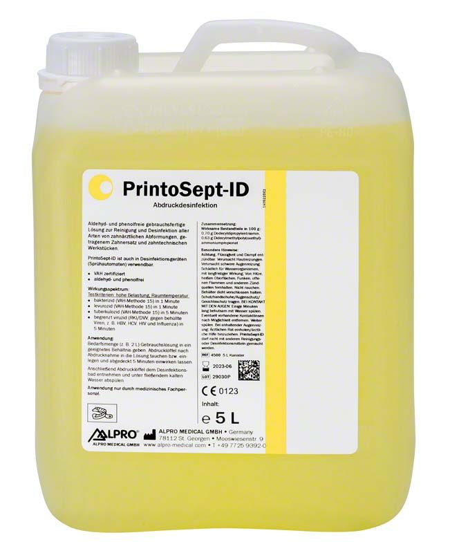 Gelber Kanister mit PrintoSept-ID Abdruckdesinfektion und Etikett.