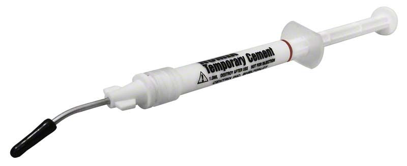 Weiße Spritze mit Aufschrift "NoMIX® Temporary Cement" für zahnärztliche Anwendungen.