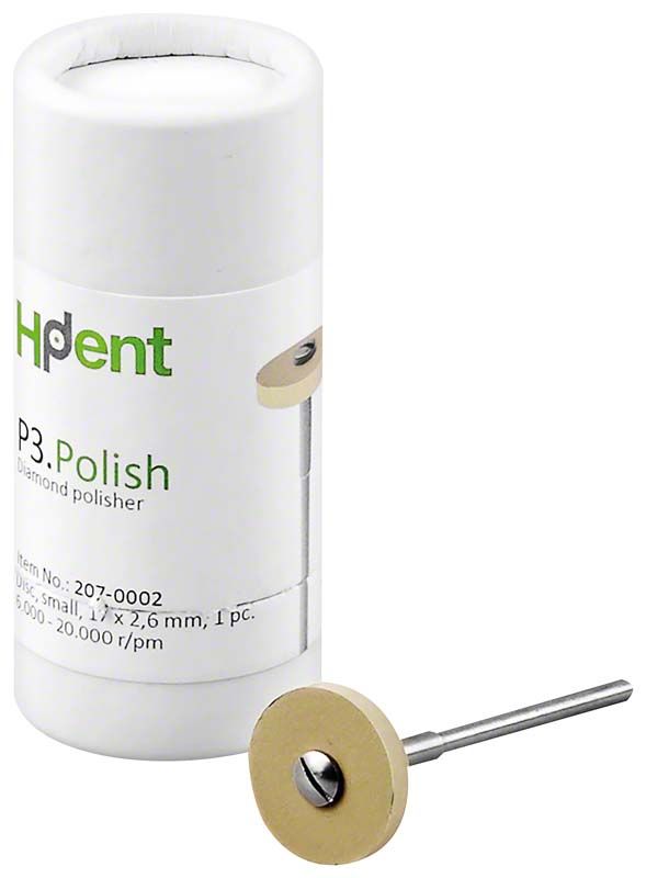 Kleiner P3 Polish Polierer St. Rad, 26x1,3mm, neben Verpackung.