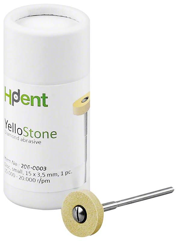 Schleifrad klein YelloStone mit Verpackung von HPdent.