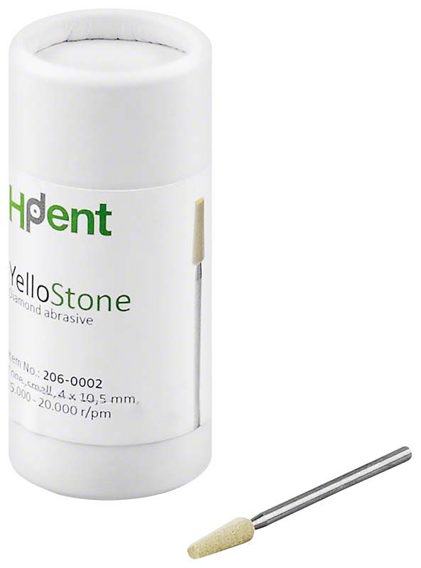 Kleiner konischer Schleifkörper YelloStone mit Verpackung.