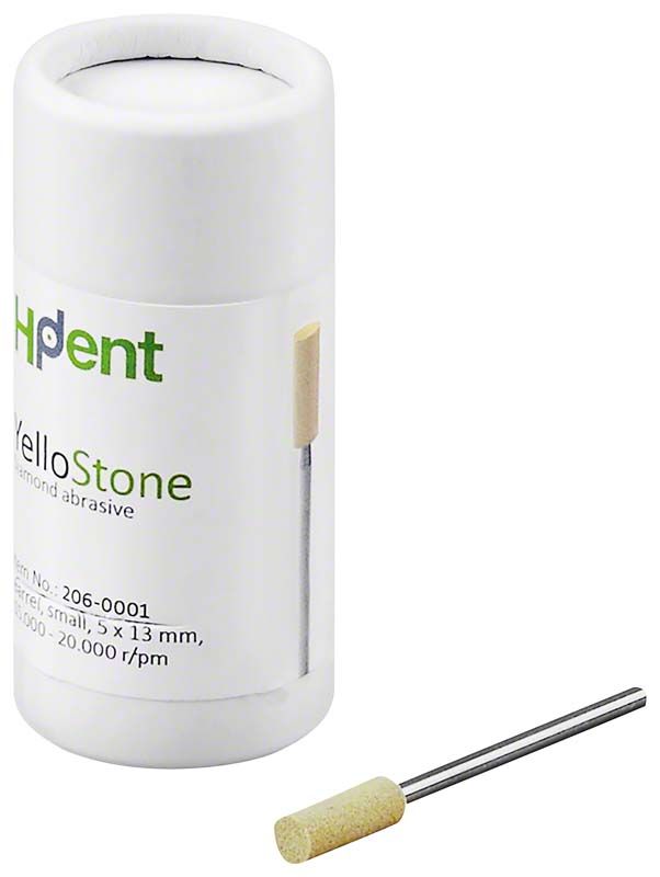 Kleiner zylindrischer Schleifkörper YelloStone mit Verpackung für zahnmedizinische Anwendungen.
