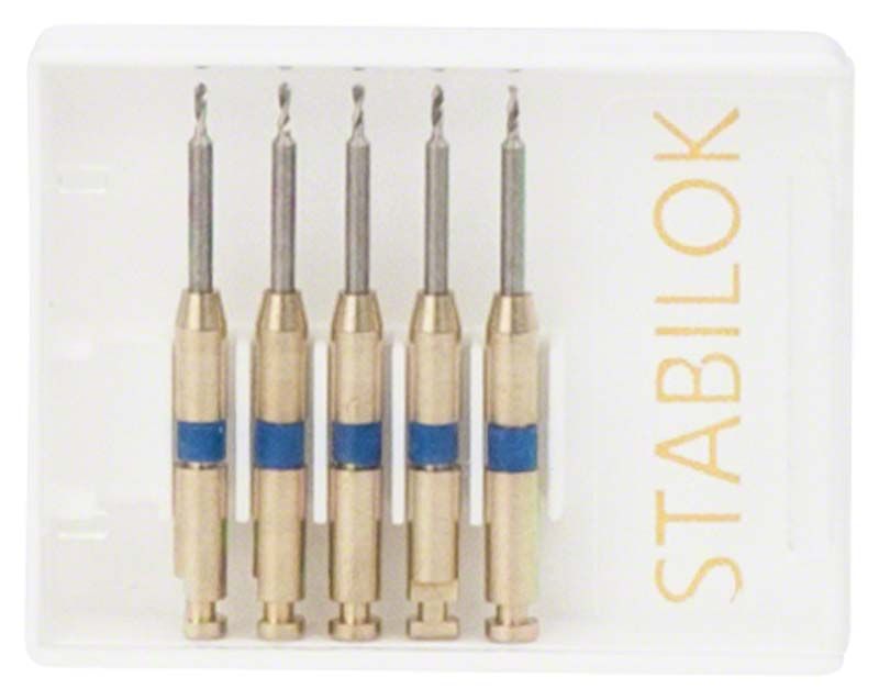 Stabilok Vorbohrer aus Edelstahl mit blauen Markierungen in geöffneter Verpackung.