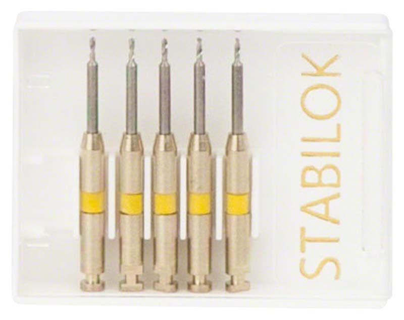Fünf Stabilok Titan Vorbohrer, gelb, in transparenter Verpackung.