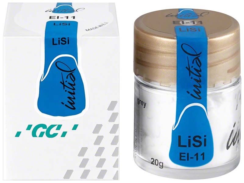GC Initial LiSi Enamel Intensiv EI-11 Verpackung und Glasbehälter mit blauem Etikett.