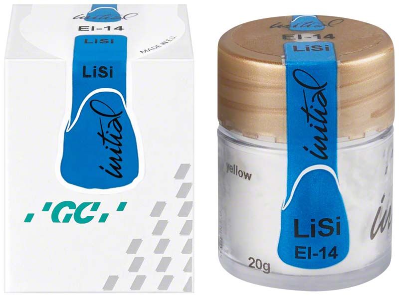 GC Initial LiSi Enamel Intensiv EI-14 in weißer Dose mit blauem Etikett.