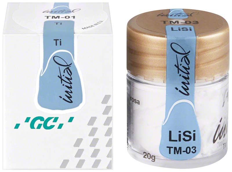 Glasfläschchen mit GC Initial LiSi Translucent Modifier TM-03, goldener Deckel.