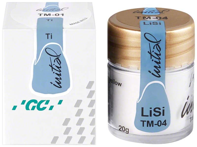 GC Initial LiSi Translucent Modifier TM-04 in weißem Tiegel mit blauem Etikett.