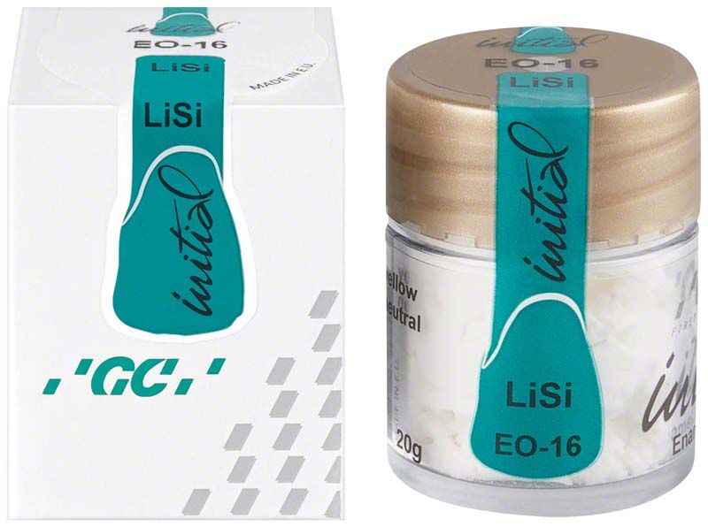 GC Initial LiSi Enamel EO-16 in Kunststoffdose mit goldfarbenem Deckel.