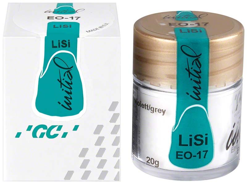Glasbehälter mit GC Initial LiSi Enamel Okklusal EO-17 und Verpackung.