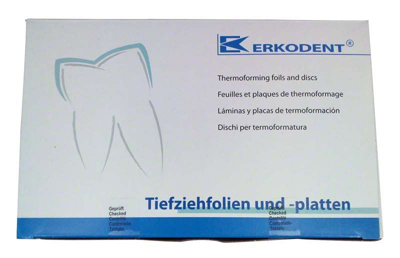 Erkodent Verpackung für Tiefziehfolien und -platten mit Zahn-Symbol.