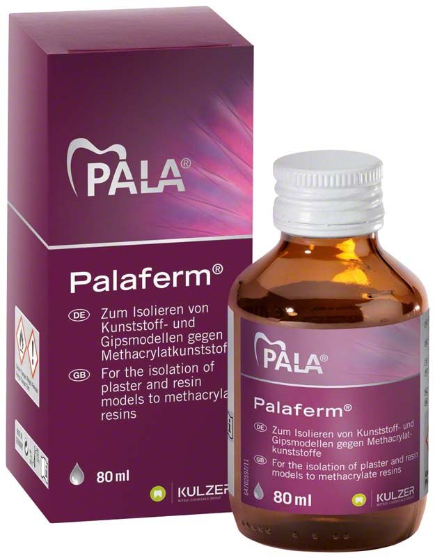 Palaferm® 80ml Flasche mit Verpackung zur Isolierung im Dentalbereich.