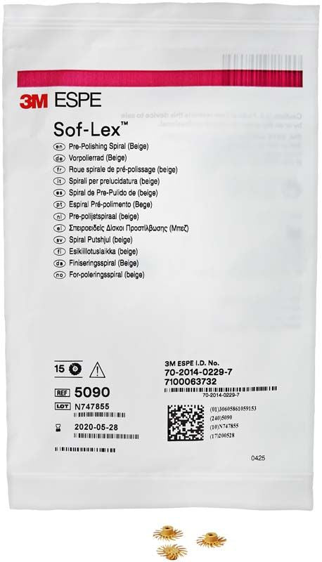 Sof-Lex™ Vorpolierräder in Originalverpackung mit beige-farbigen Polierscheiben.