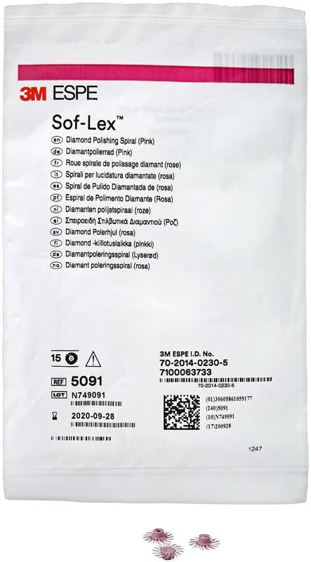 Sof-Lex™ Diamantpolierräder pink in geöffneter Verpackung mit Produktinformation.