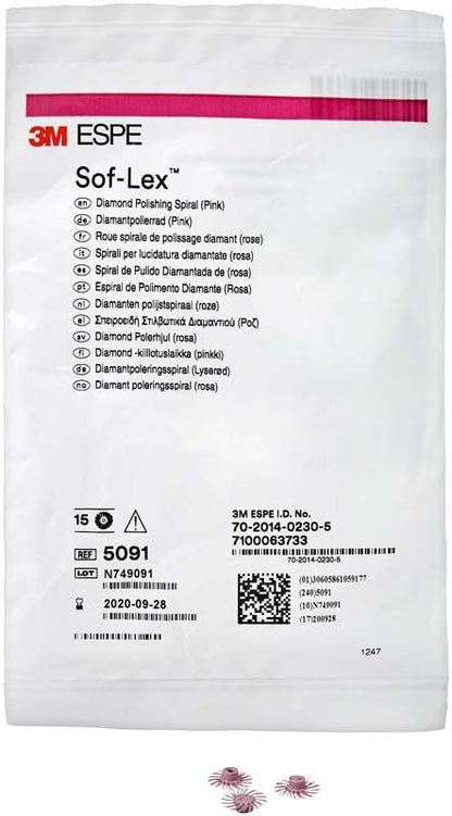 Sof-Lex™ Diamantpolierräder pink in geöffneter Verpackung mit Produktinformation.