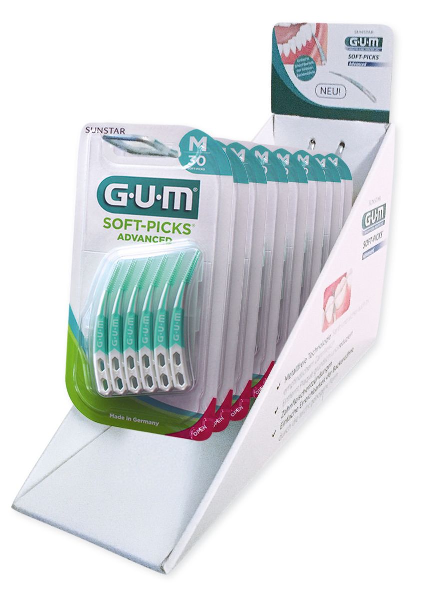 GUM® SOFT-PICKS® ADVANCED Display mit mehreren Packungen in einem Präsentationsständer.