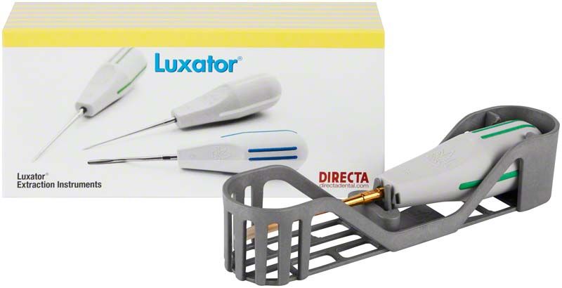 Luxator® Stück L2S TiN Zahnextraktionsinstrument mit Verpackung im Hintergrund.