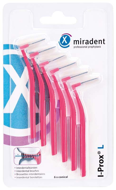 Interdentalbürsten I-Prox® L pink xx-fine in Blisterverpackung mit Schutzkappe.