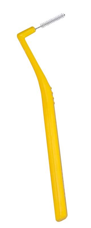 Gelber I-Prox® L x-feine Interdentalbürste mit angewinkeltem Griff.