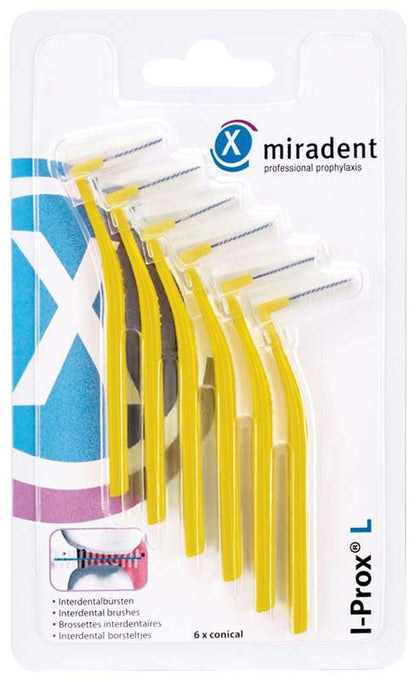 Sechs gelbe I-Prox® L Interdentalbürsten in Originalverpackung.