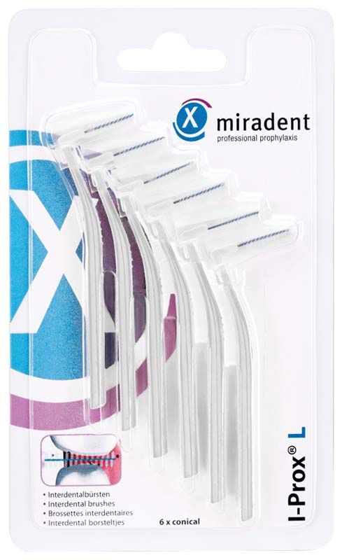 Verpackung der I-Prox® L weiß fine Interdentalbürsten mit ergonomischem Griff.
