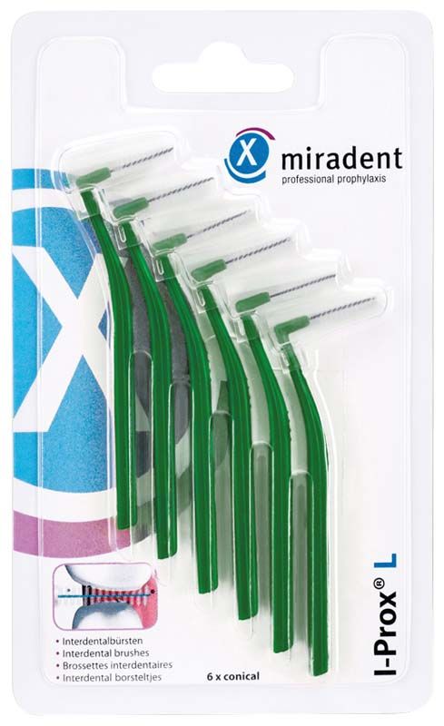 Interdentalbürsten I-Prox® L grün medium in Blisterverpackung mit sechs Bürsten.