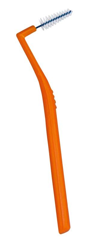 Oranger, konischer I-Prox® L Interdentalbürstengriff mit weißer Bürste.