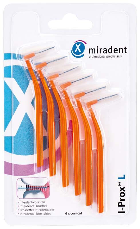 Sechs orange I-Prox® L Interdentalbürsten auf weißer Verpackung.